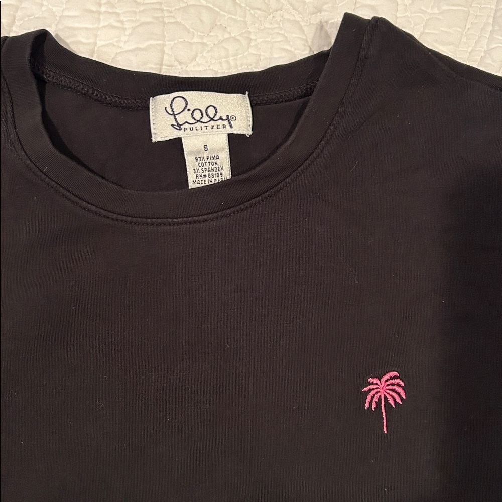 Lilly Pulitzer Black Top with Pink Palm Embroidery - Picture 2 of 2